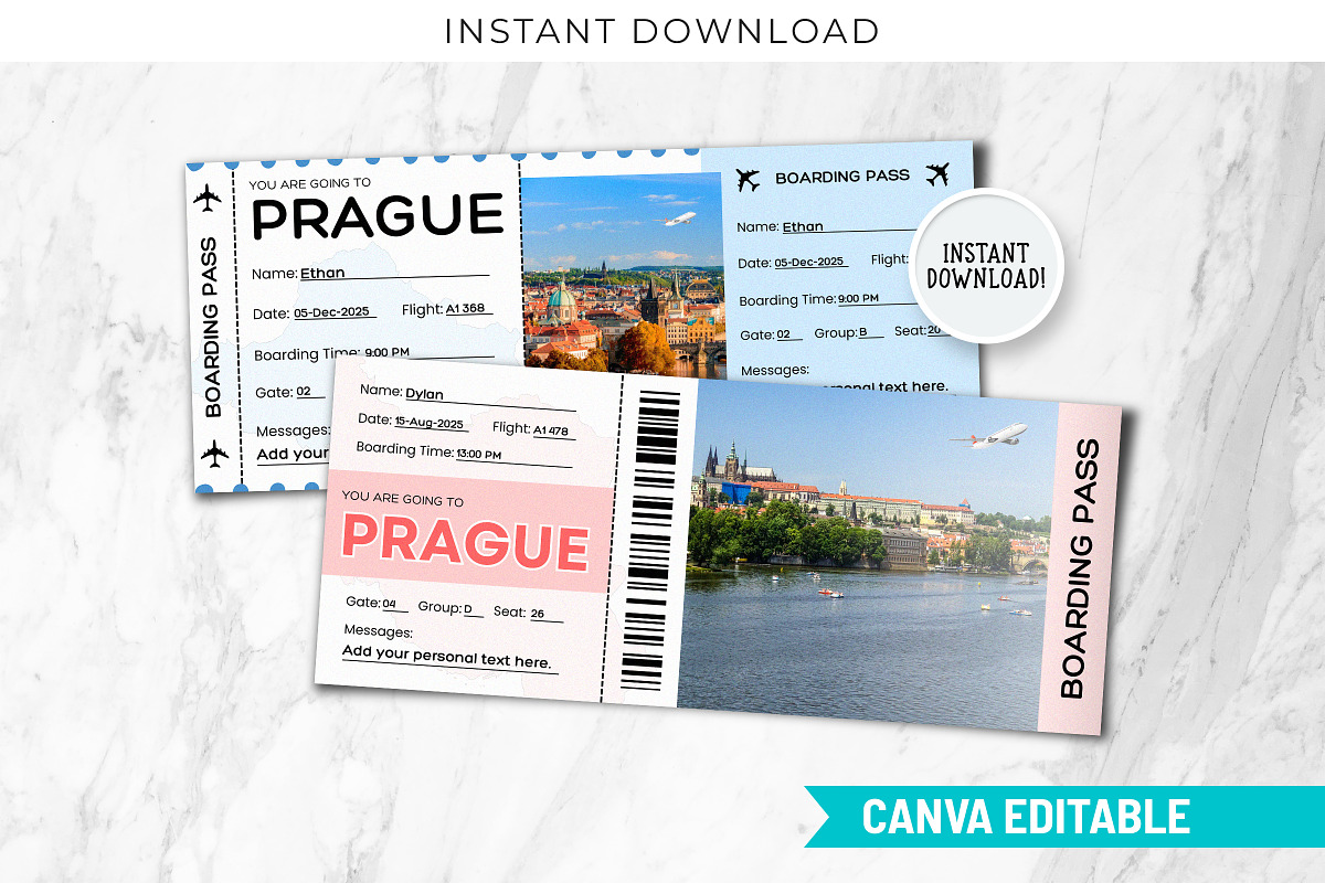 Prague Boarding Pass Canva Templates, a Card Template by Snapybiz (Photo 1 of 10)