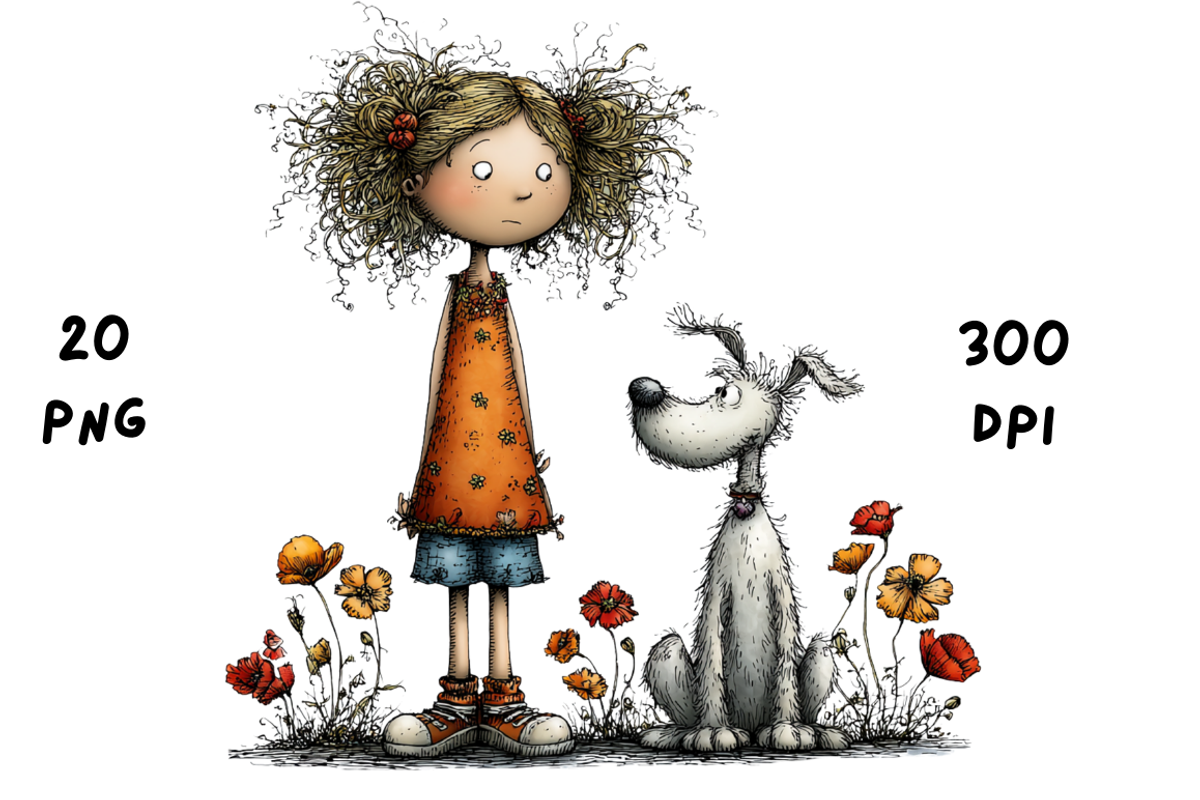 Whimsical Floral Girl and Puppy, an Animal Illustration by GiraffeCreative (Photo 14 of 20)