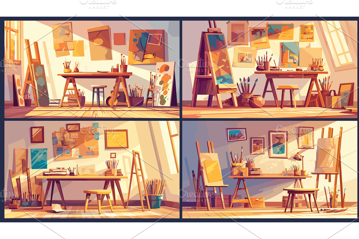 Art studio. Cartoon drawing school, an Illustration by Stock-Smart-Start