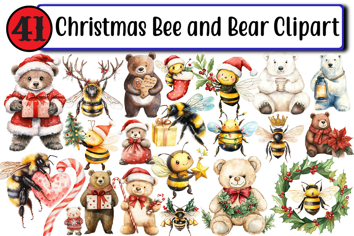 Christmas Bee and Bear Clipart, an Illustration by Design Market (Photo 1 of 3)