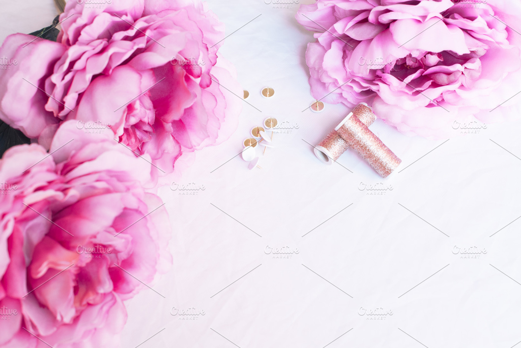 Pink peonies desk gold accessories, a Business Photo by SophieStockBoutique