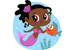 Little Afro American Mermaid Girl, an Illustration by HitToon