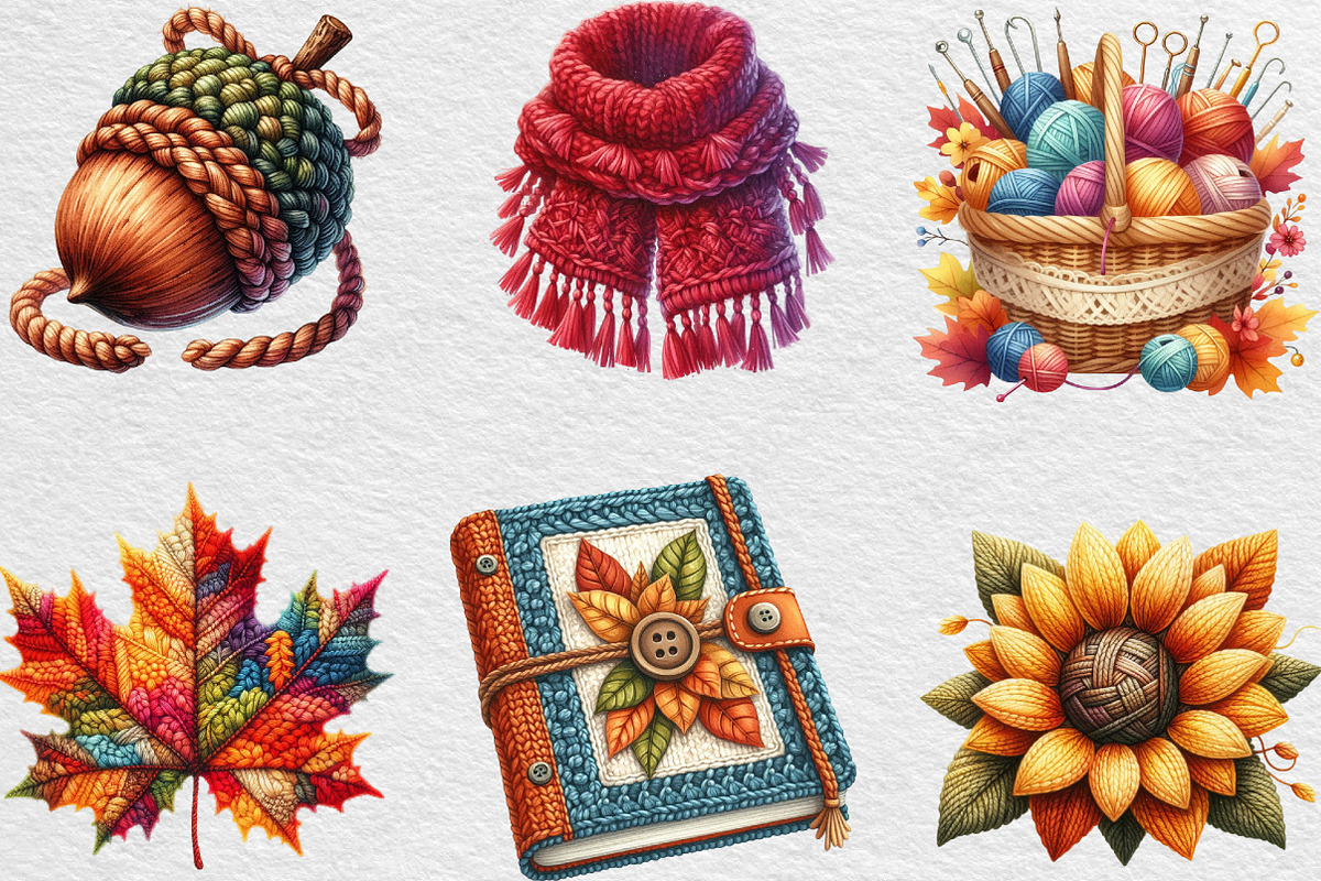 Watercolor Crochet Autumn Clipart, an Illustration by Black Bird Studio (Photo 2 of 6)