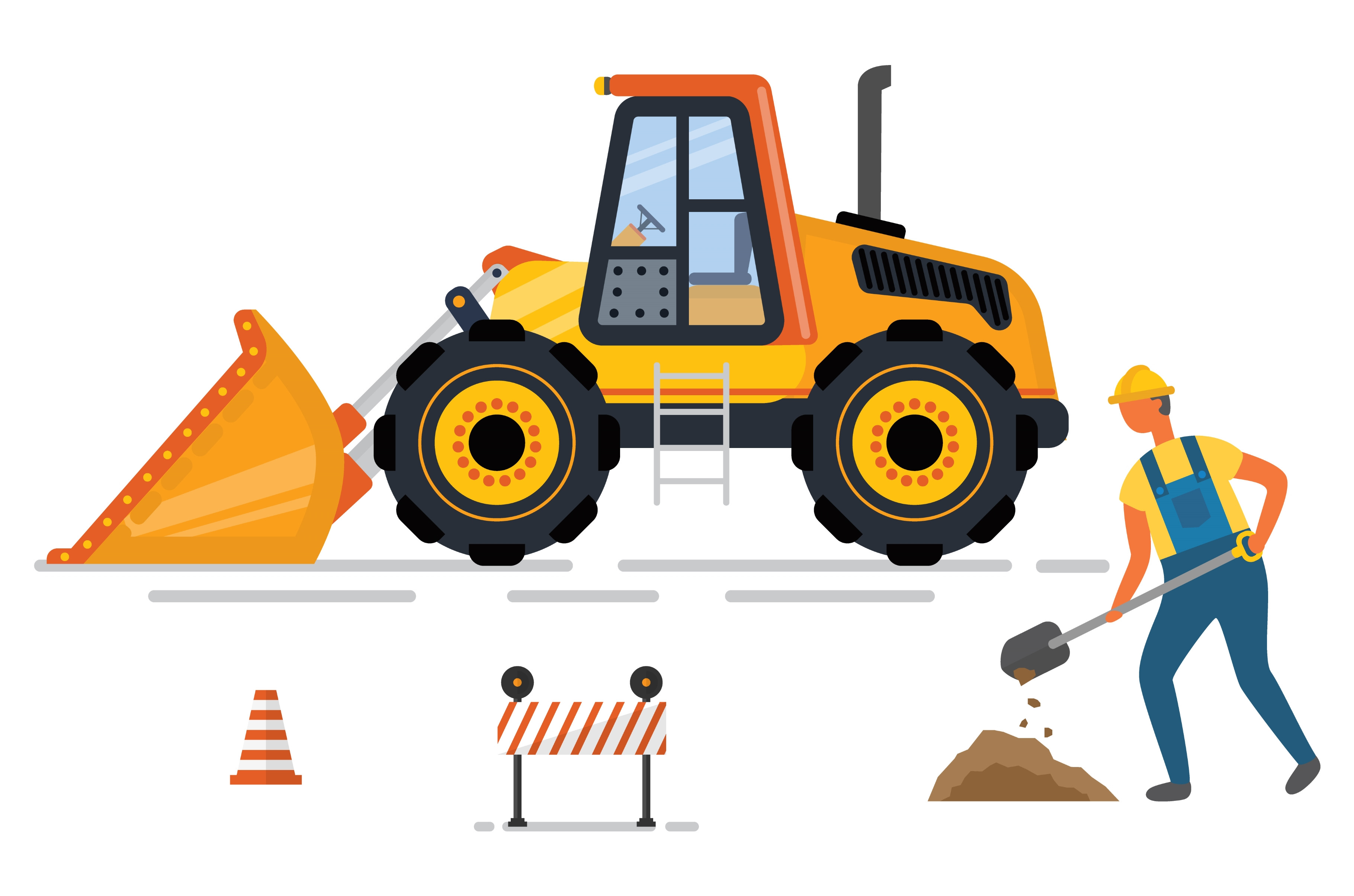 Backhoe and Digger, Cone and Barrier, an Object Illustration by robuart