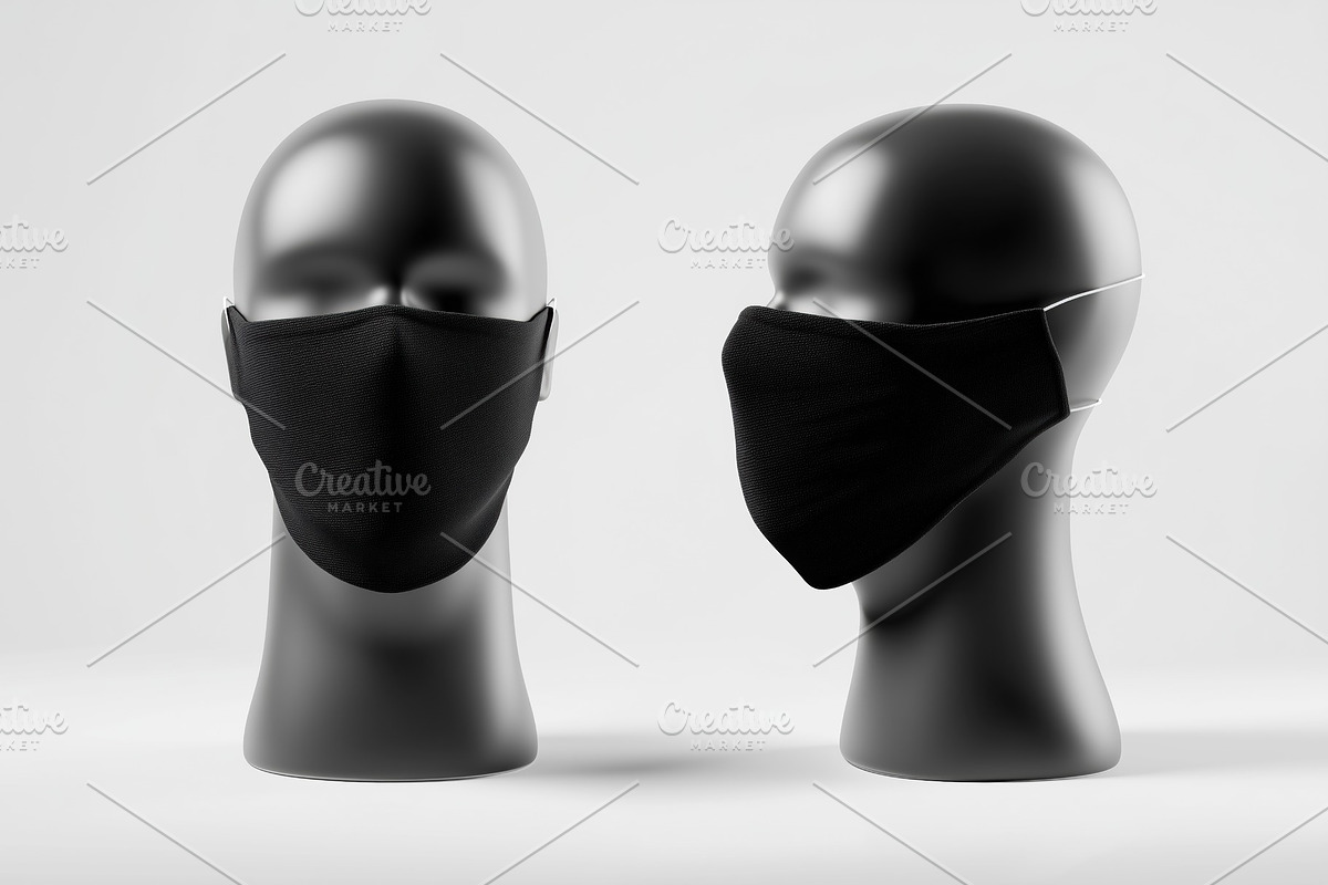 Two black face masks mockup on mannequin heads, one in profile and one facing f, a Mask Mockup by Textures & Backgrounds