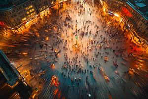 Aerial view of a bustling city intersection at night, filled with people and il, an Industrial Photo by Textures & Backgrounds