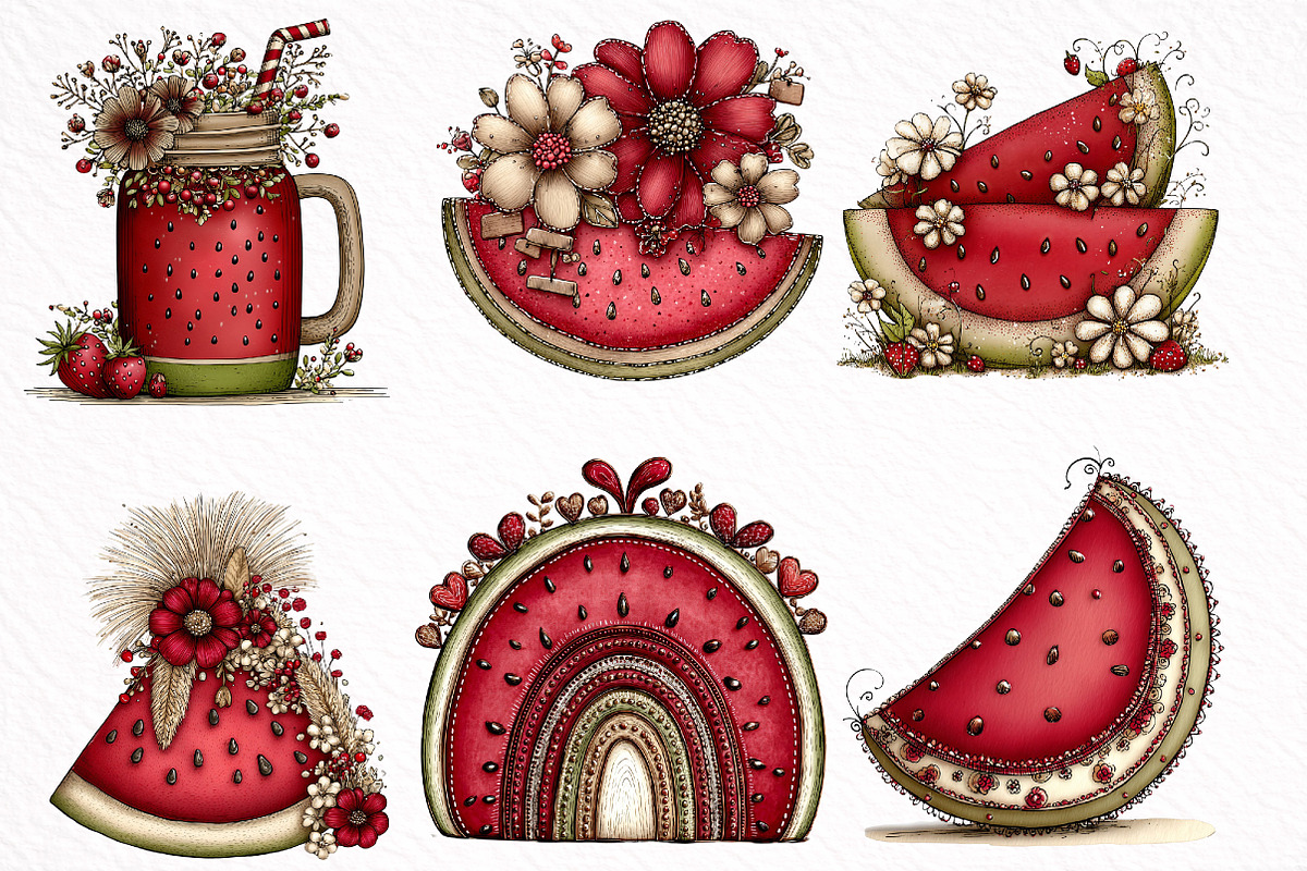 Whimsical Boho Watermelon Clipart, an Illustration by DreamArtGraphic (Photo 8 of 8)