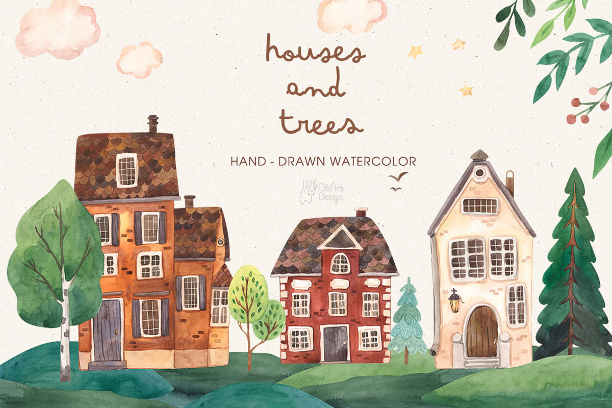 HOUSES AND TREES. Watercolor clipart, an Object Illustration by OlliArtDesign (Photo 1 of 5)