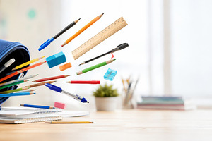 School supplies scattered across des, a Photo by Dvoevnore photos
