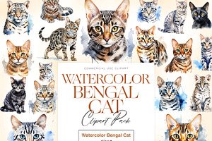 Cute Bengal Cat Clipart, Cute Cats, an Animal Illustration by BrushstrokeArtGB