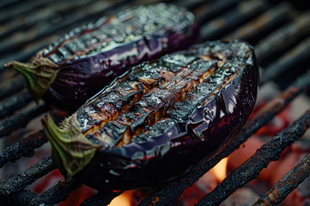 Purple eggplant grilling on a charco, a Photo by Iftikhar Alam
