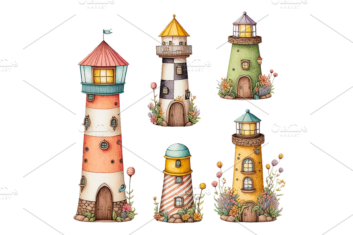 Colorful watercolor lighthouses set, an Illustration by Bubert Art