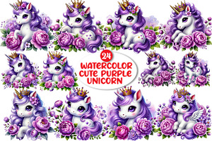 Cute Purple Unicorn Clipart, an Illustration by DreamArtGraphic
