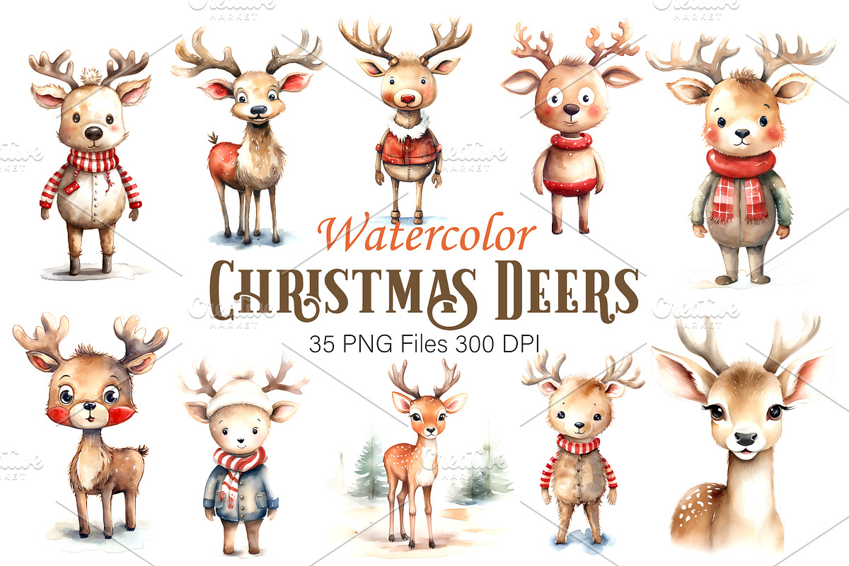 Watercolor Christmas Deer. Set., an Animal Illustration by KENO Mascots (Photo 1 of 6)