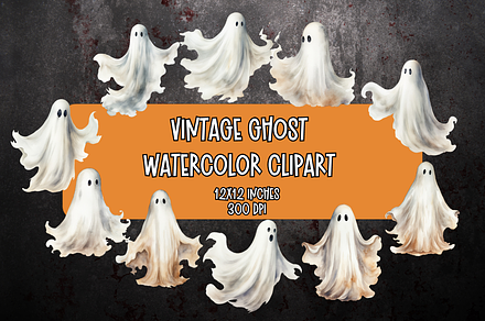 Vintage Ghost Watercolor Clipart, a Seasonal Illustration by Dreamy Little Graphics