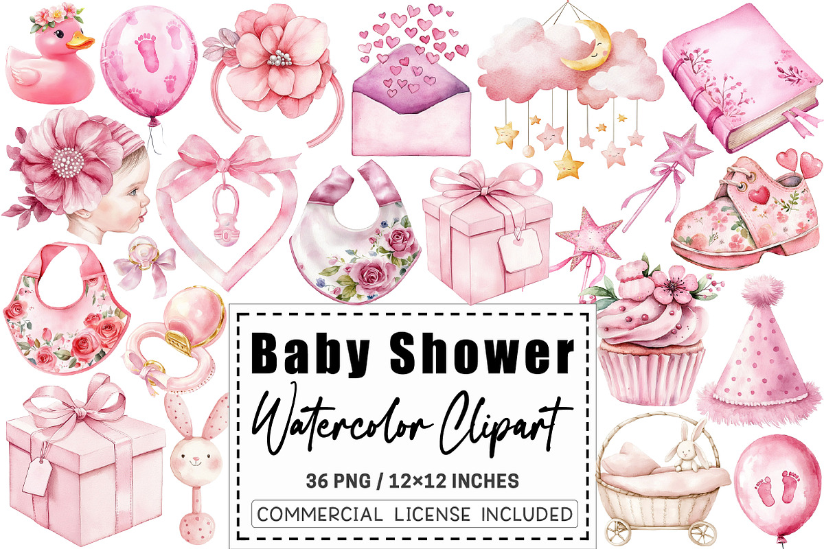 Watercolor Pink Baby Shower Clipart, a Graphic by CitraGraphics (Photo 1 of 4)