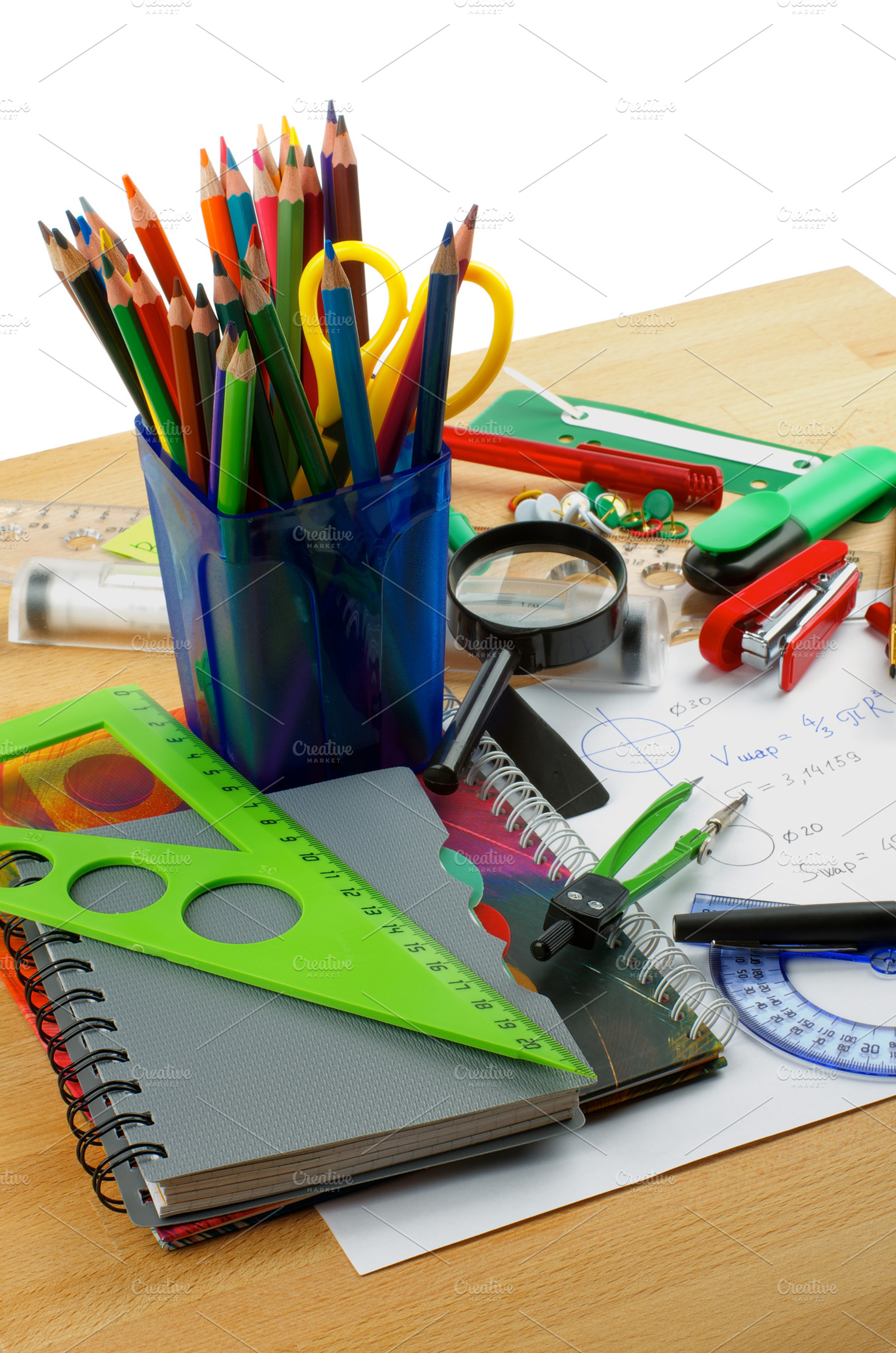 School supplies containing art and craft equipment, beige, and black, a School & Education Photo by zhekos