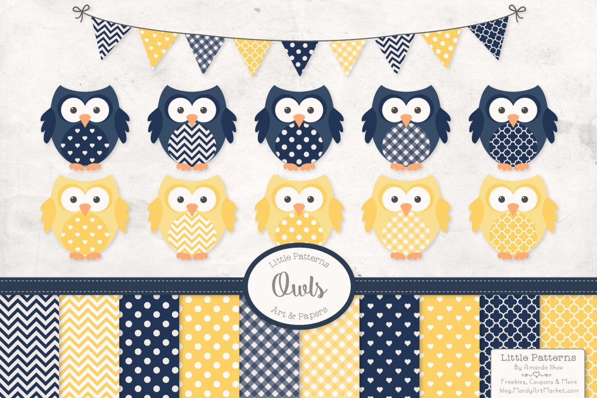 Navy & Lemon Vector Owls & Papers, an Animal Illustration by Amanda Ilkov (Photo 1 of 3)