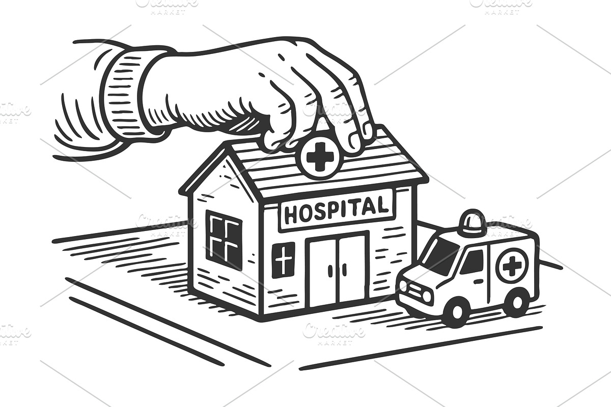Hand Placing Toy Hospital with, a Healthcare Illustration by AlexArt