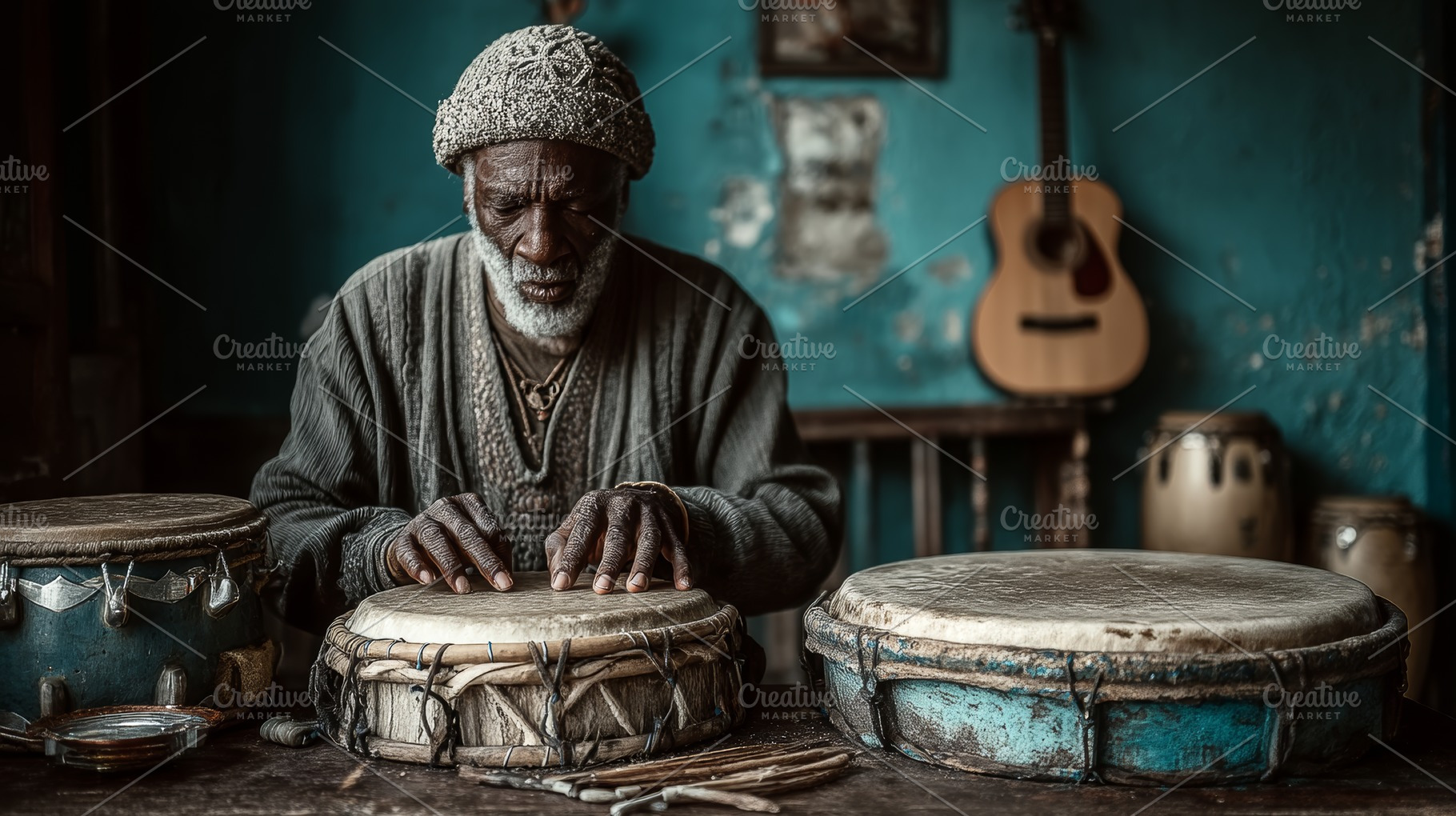 African musician performing traditional drum music in a cozy and artistic setti, a Photo by AS photostudio