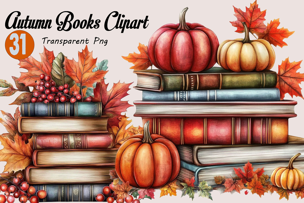 Watercolor Autumn Books Clipart, a Seasonal Illustration by SVGArt (Photo 1 of 5)
