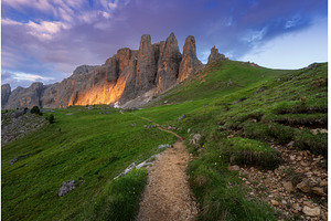 Trail in alpine mountain valley with, a Nature Photo by den-belitsky