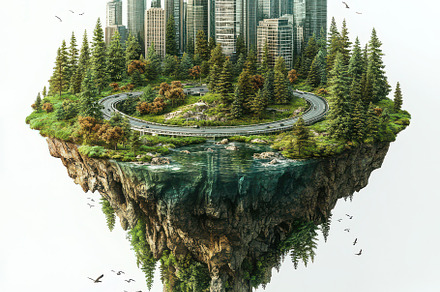 Floating city island ecosystem green, a Background Photo by Pixeness