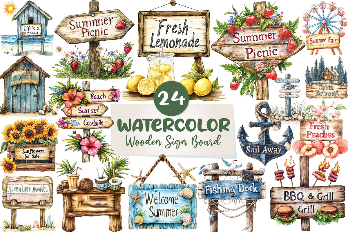 Summer Wooden Sign Board Clipart, an Illustration by CreationArt (Photo 1 of 5)