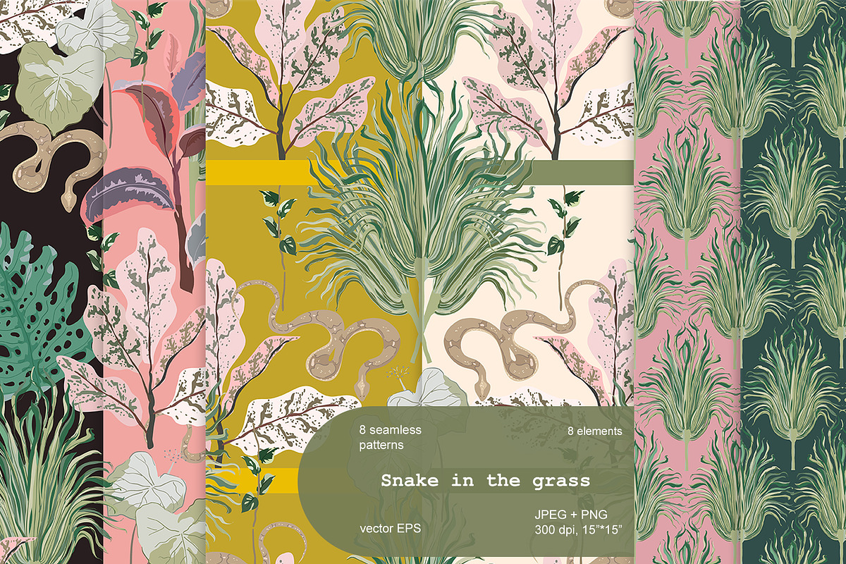 Snake in grass seamless+ clipart set, a Texture Graphic by PatternsBlooming (Photo 1 of 7)