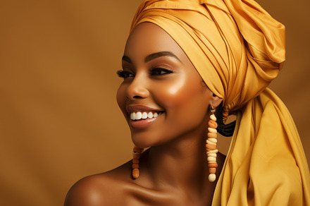 Beautiful african american woman in turban on golden background., a Beauty & Fashion Photo by AS photostudio