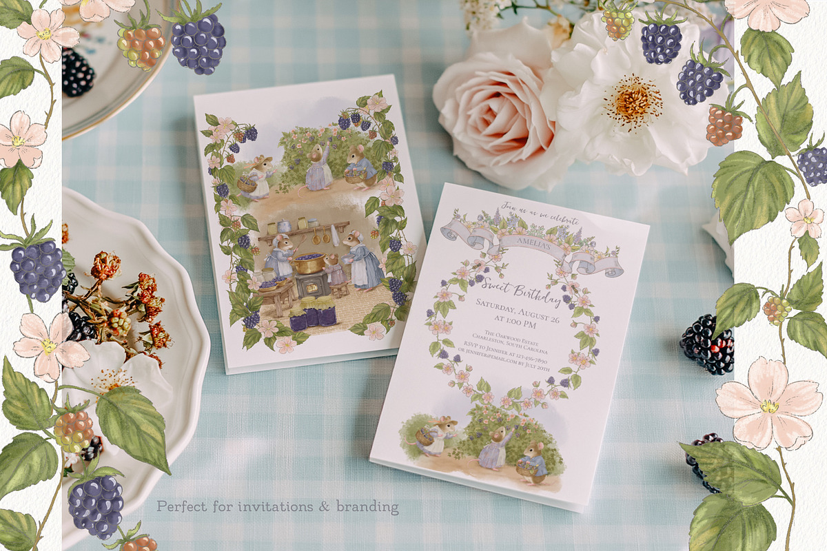 Blackberry Mice Watercolor Set, an Animal Illustration by AlenaVlasko stock Market (Photo 4 of 11)
