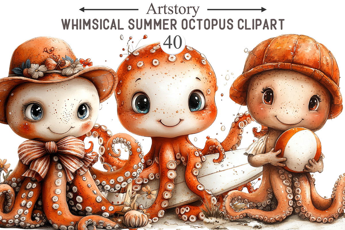 Whimsical Summer Octopus Clipart, an Illustration by designcity5 (Photo 1 of 5)