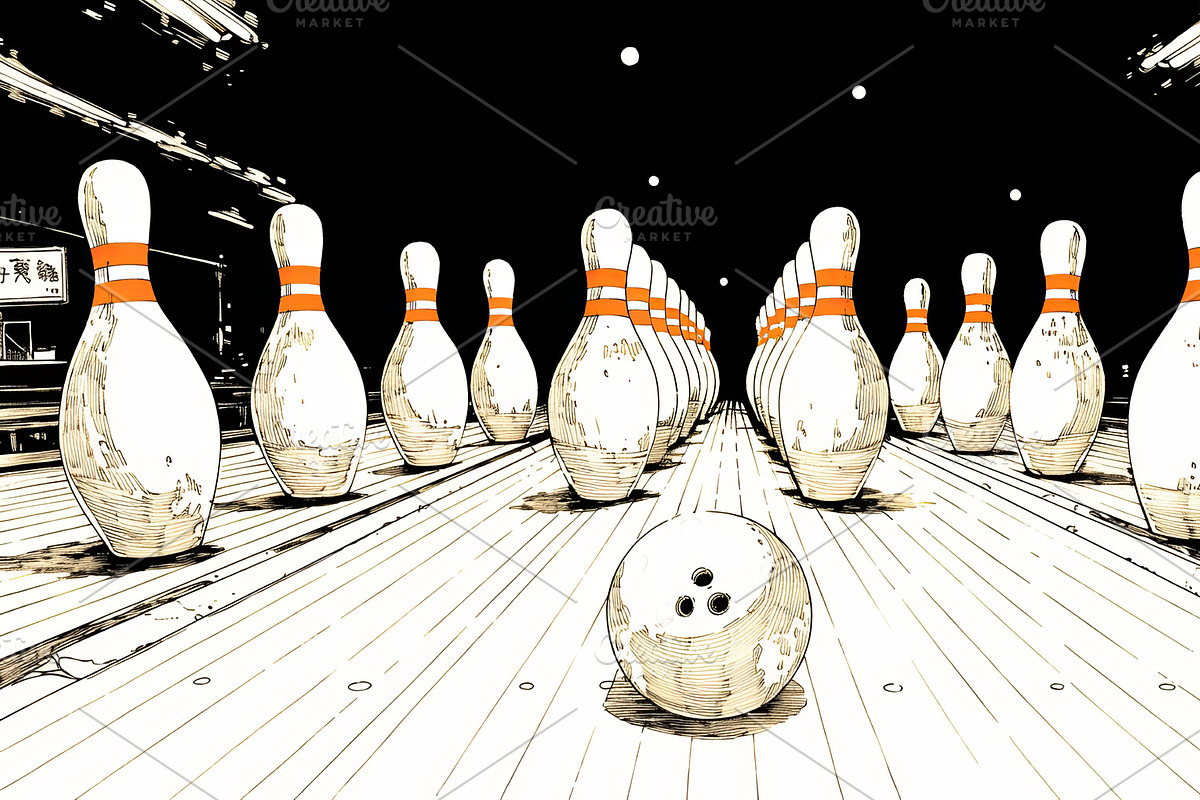 Perspective view of bowling pins aligned with a ball on the wooden lane, an Illustration by AS photostudio