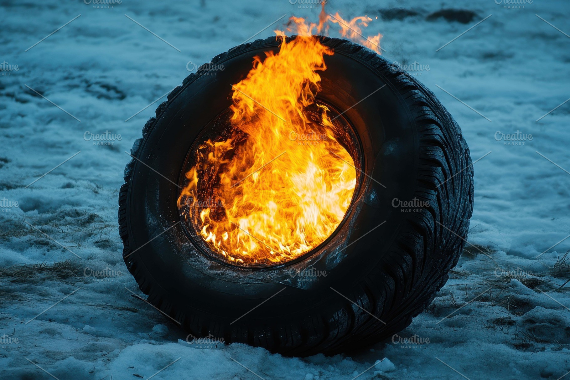 Burning tire emits bright flames ami, a Photo by Tanuart