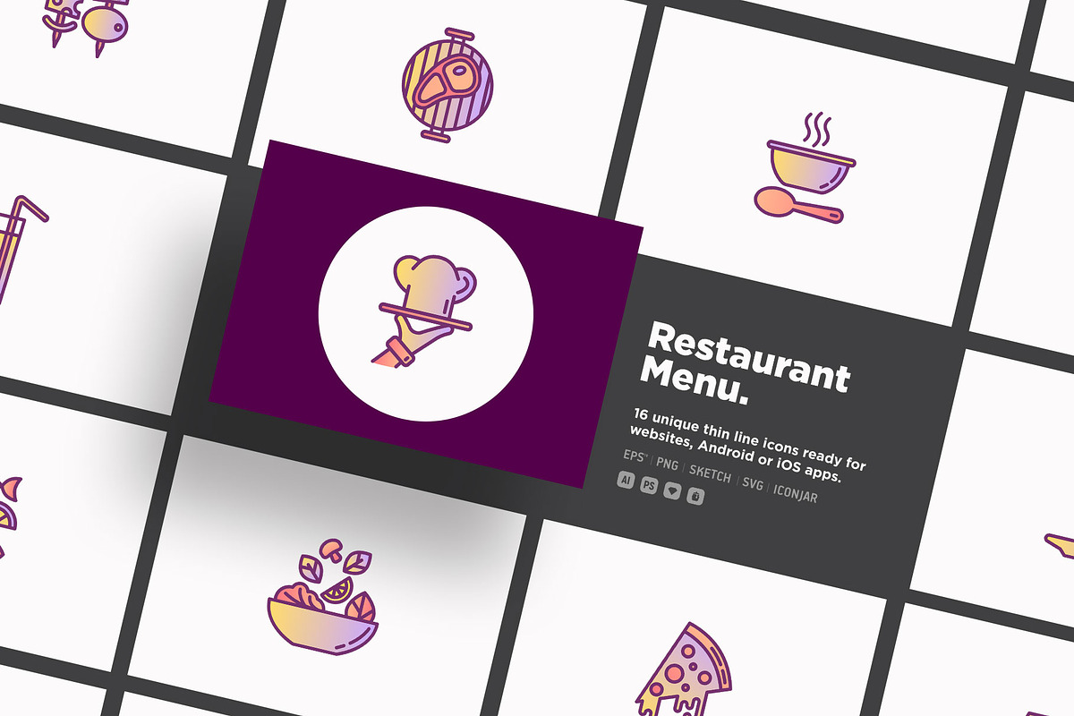Restaurant Menu | 16 Thin Line Icons, an Outline Icon by Alex Blogoodf (Photo 1 of 12)