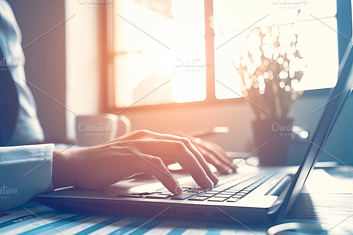 Close-up of hands typing on a laptop in a modern office setting, an Illustration by AS photostudio