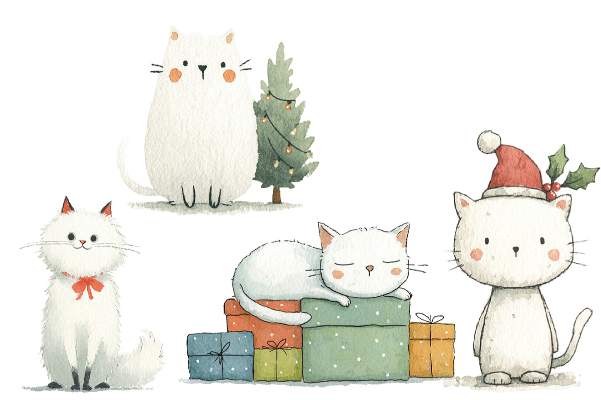 Watercolor Christmas cat clipart, an Illustration by Designworld (Photo 4 of 4)
