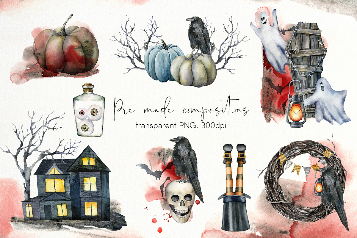Watercolor Halloween night clipart, a Decorative Illustration by Yuliya Derbisheva (Photo 5 of 11)