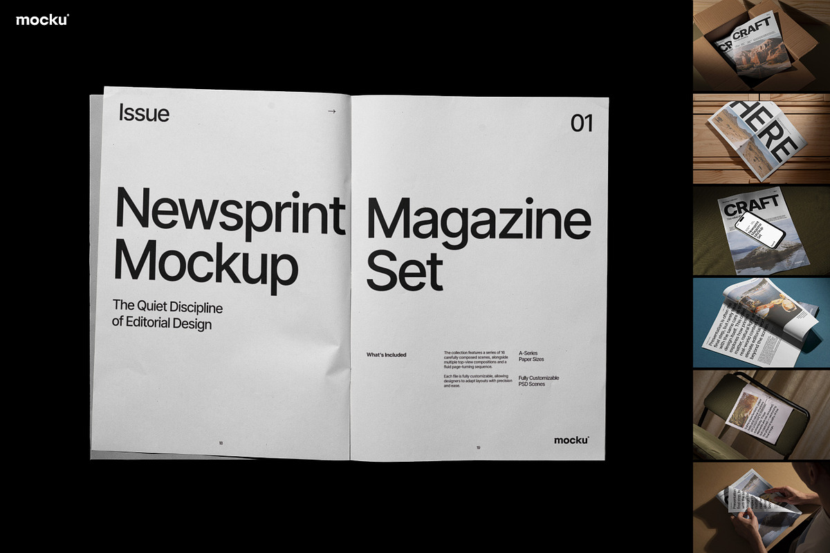 Newsprint Magazine Mockup Set, a Books & Magazine Mockup by Mocku (Photo 1 of 21)