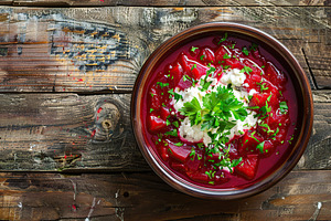 Bowl of beet root soup borsch on wooden table, a Photo by AlyaAnd