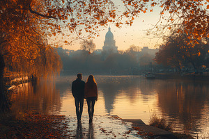 Couple walks along a peaceful riverb, a Photo by Tanuart
