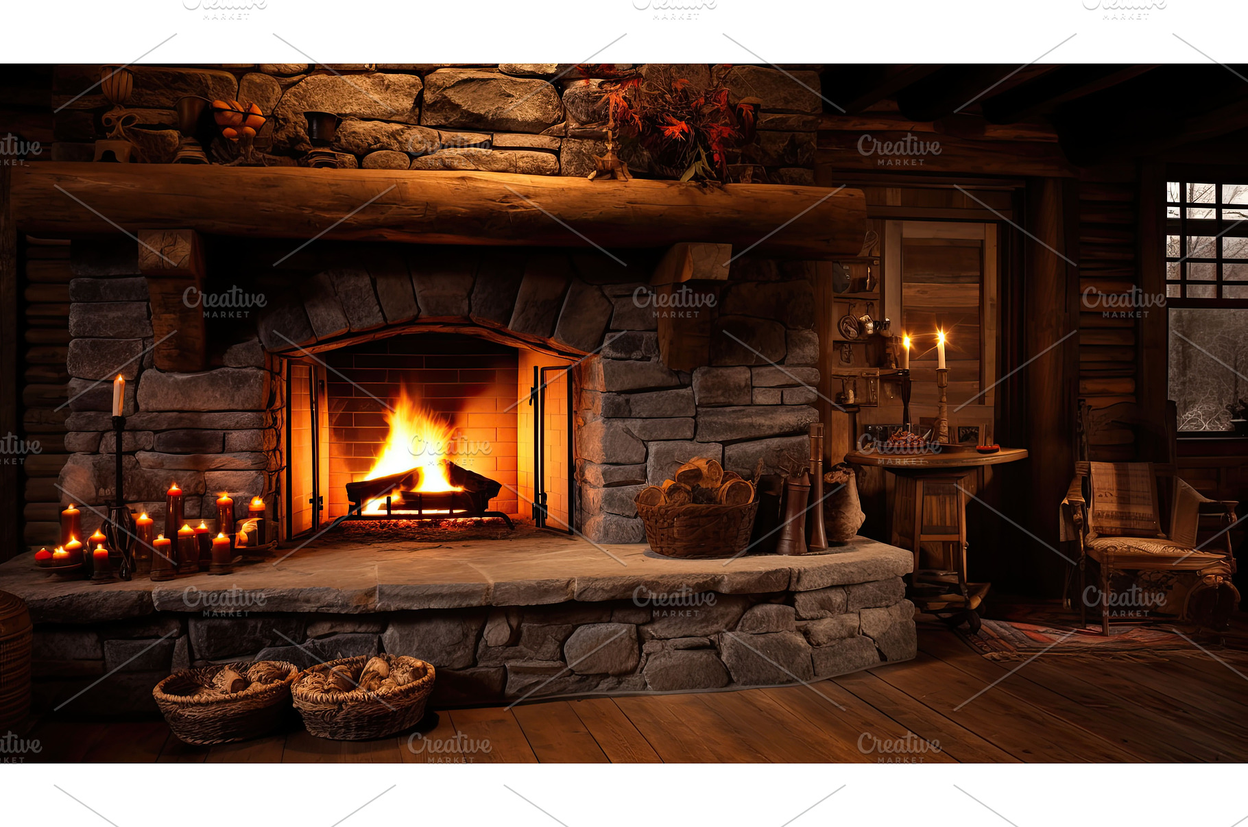 wood cabin fireplace ai generated, a Nature Photo by pikepicture