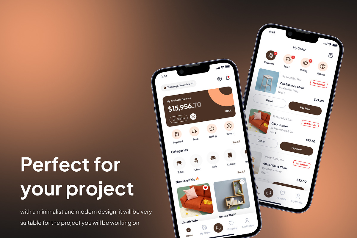 Woodora - Furniture Mobile App, an UI Kit Template by Minialis (Photo 3 of 6)
