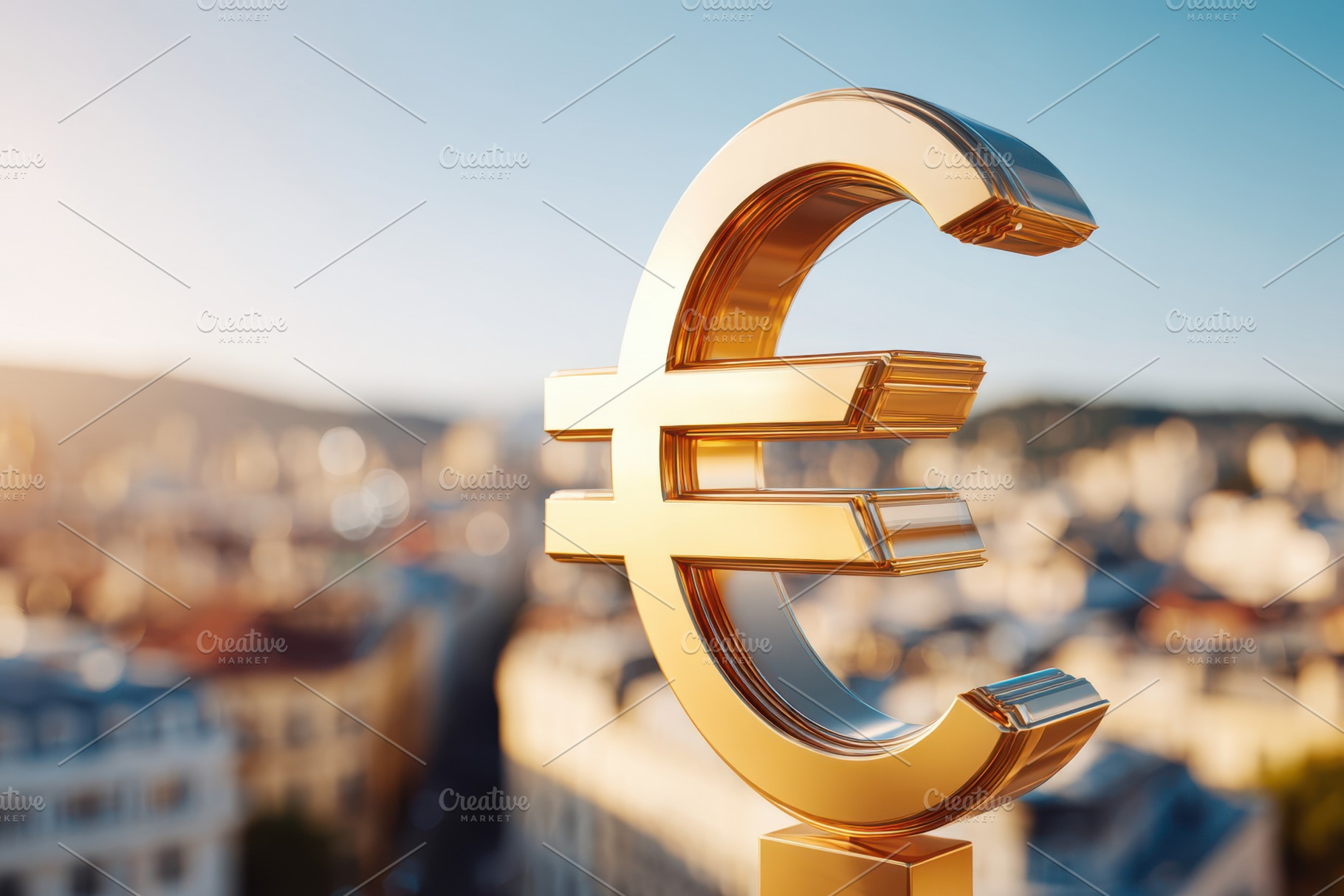 Golden euro symbol with blurred city background, a Business Photo by AlyaAnd