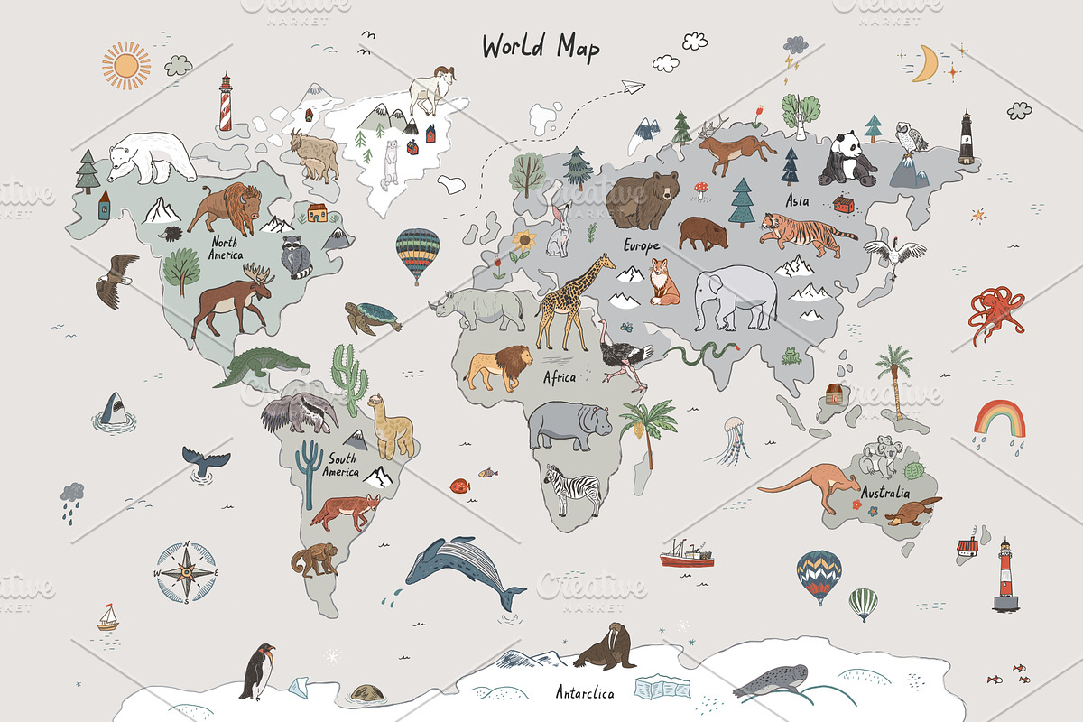 Animals World Map, an Animal Illustration by GooseFrol (Photo 1 of 28)