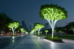 Illuminated trees line a modern city street at night creating a vibrant urban a, a Photo by AlyaAnd