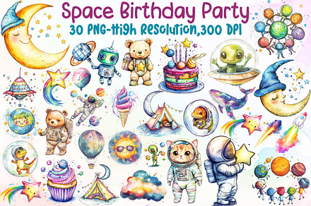Cute Space Clipart, Space Birthday P, an Illustration by Sublimation Artist