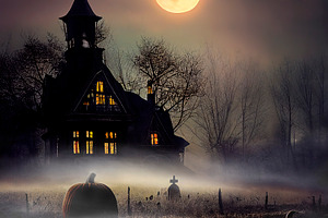 Haunted house in pumpkin field, an Architecture Photo by hitdelight