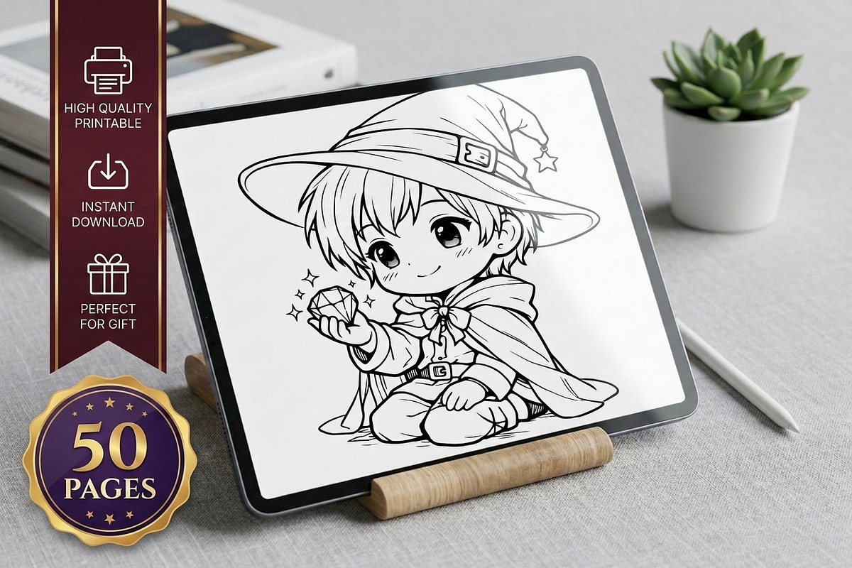 Cute Wizard Coloring Book Page Vol4, a Seasonal Illustration by ikarifq shop (Photo 1 of 5)