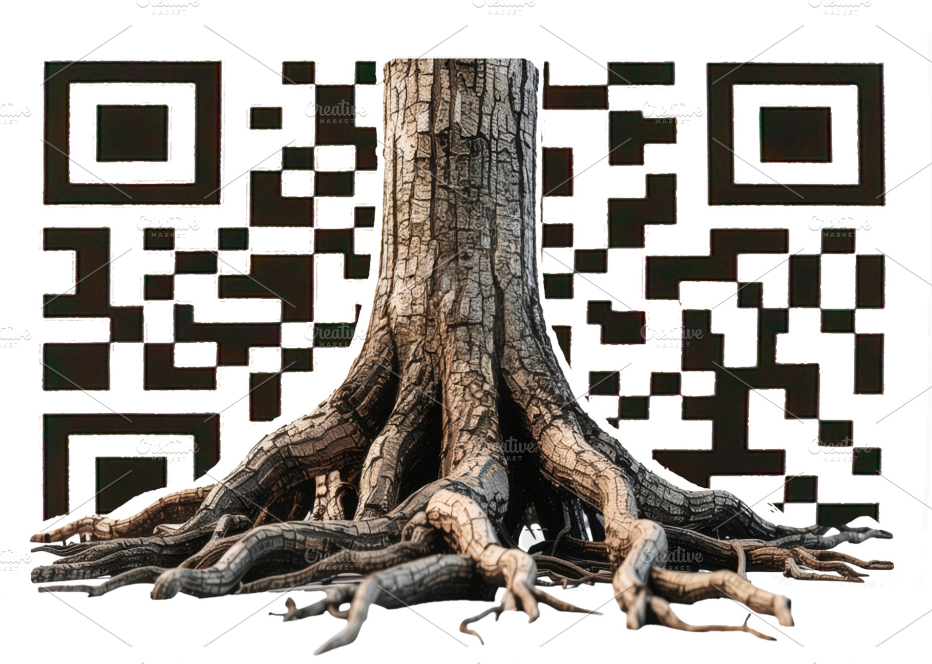 Tree trunk with roots and qr code, a Photo by DanFLCreativo